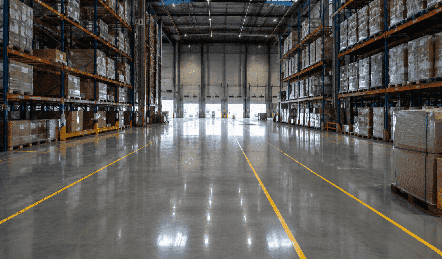 Entrepôt logistique propre et entretenu après une intervention de nettoyage industriel réalisée par MJ Nettoyage.