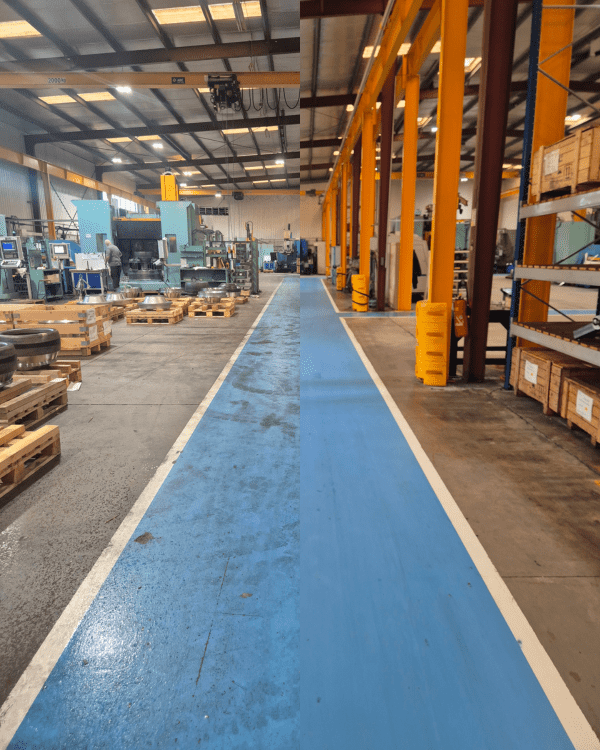 Avant et après nettoyage d'un atelier industriel avec remise en état des sols de circulation.