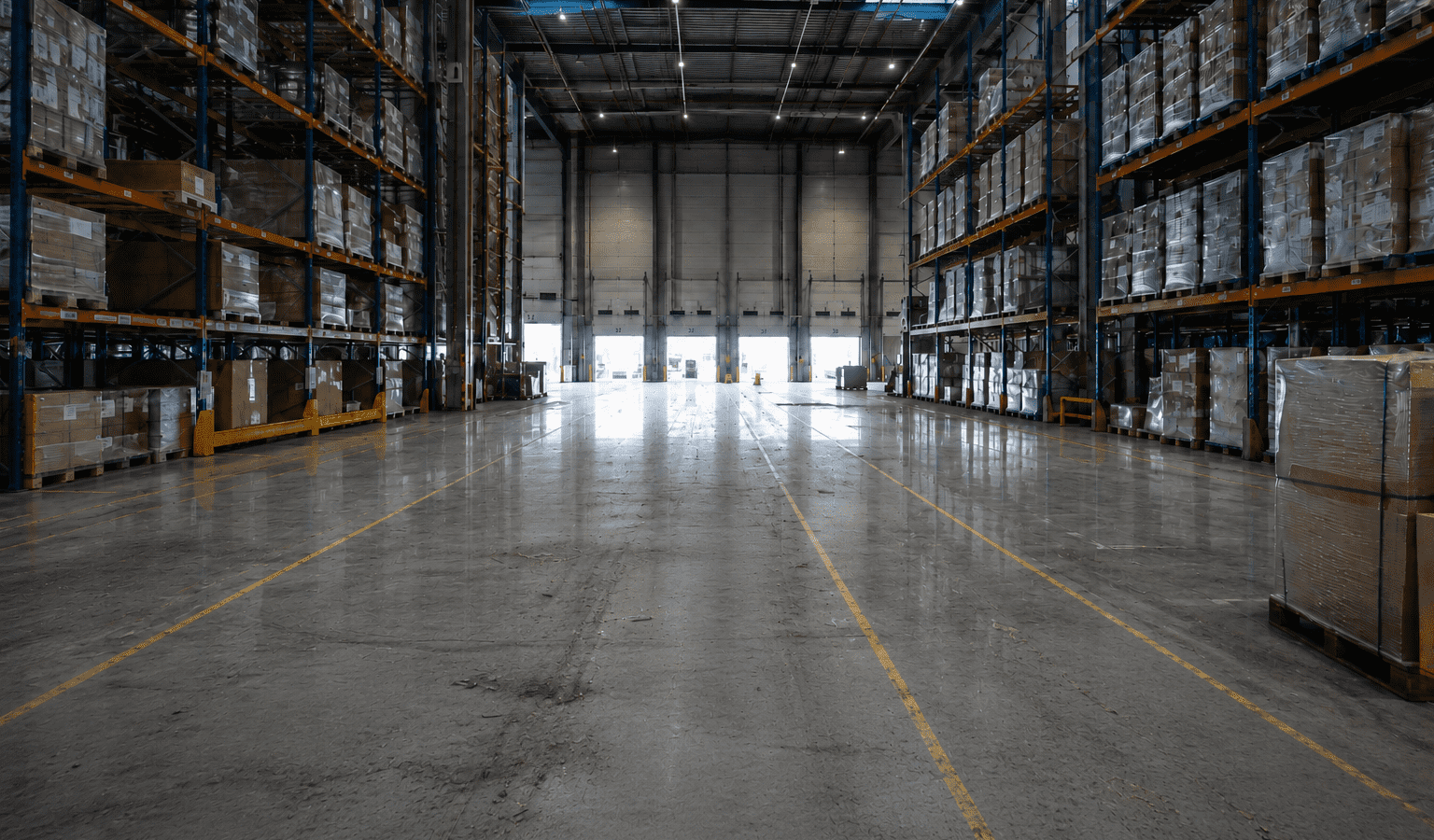 Entrepôt logistique présentant des traces de circulation et des salissures avant une intervention de nettoyage industriel.