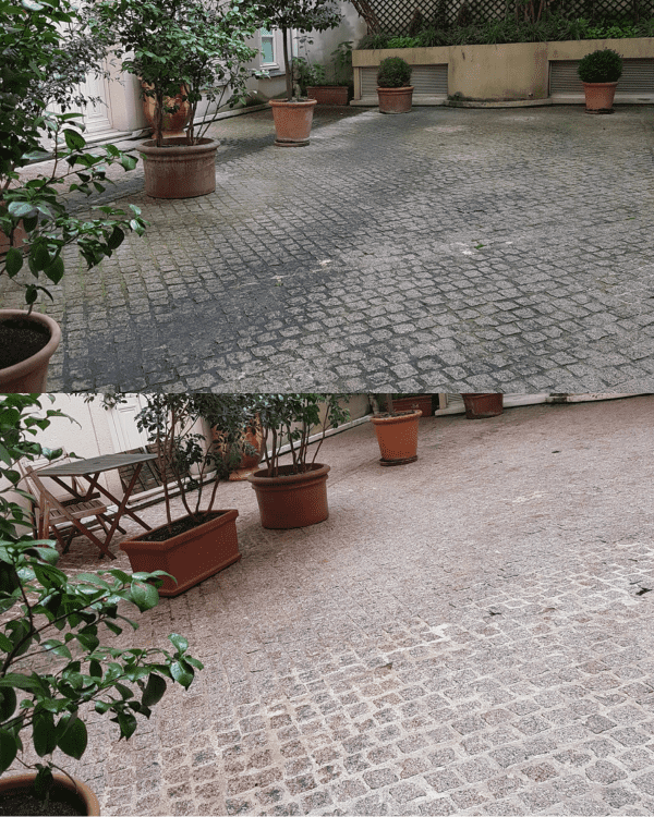 Cour pavée de copropriété avant et après une opération de décapage des sols réalisée par MJ Nettoyage.