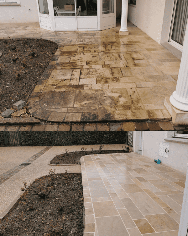 Terrasse extérieure d'une maison individuelle avant et après une intervention de décapage et de remise en état des sols réalisée par MJ Nettoyage.