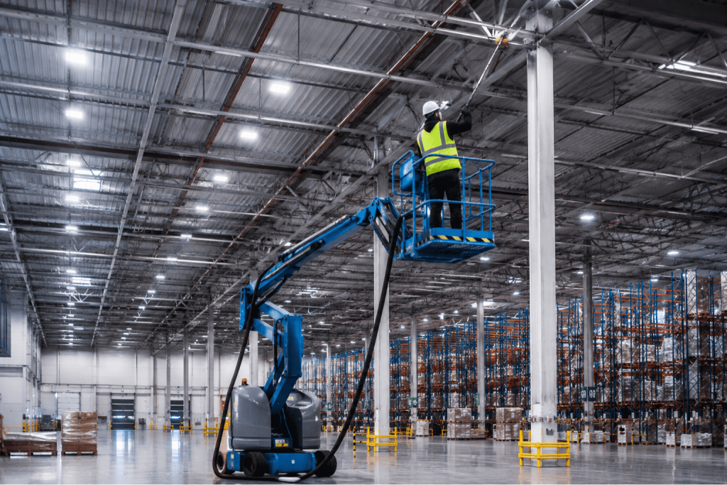 Technicien MJ Nettoyage réalisant le dépoussiérage des structures métalliques et des équipements en hauteur d'un entrepôt industriel.
