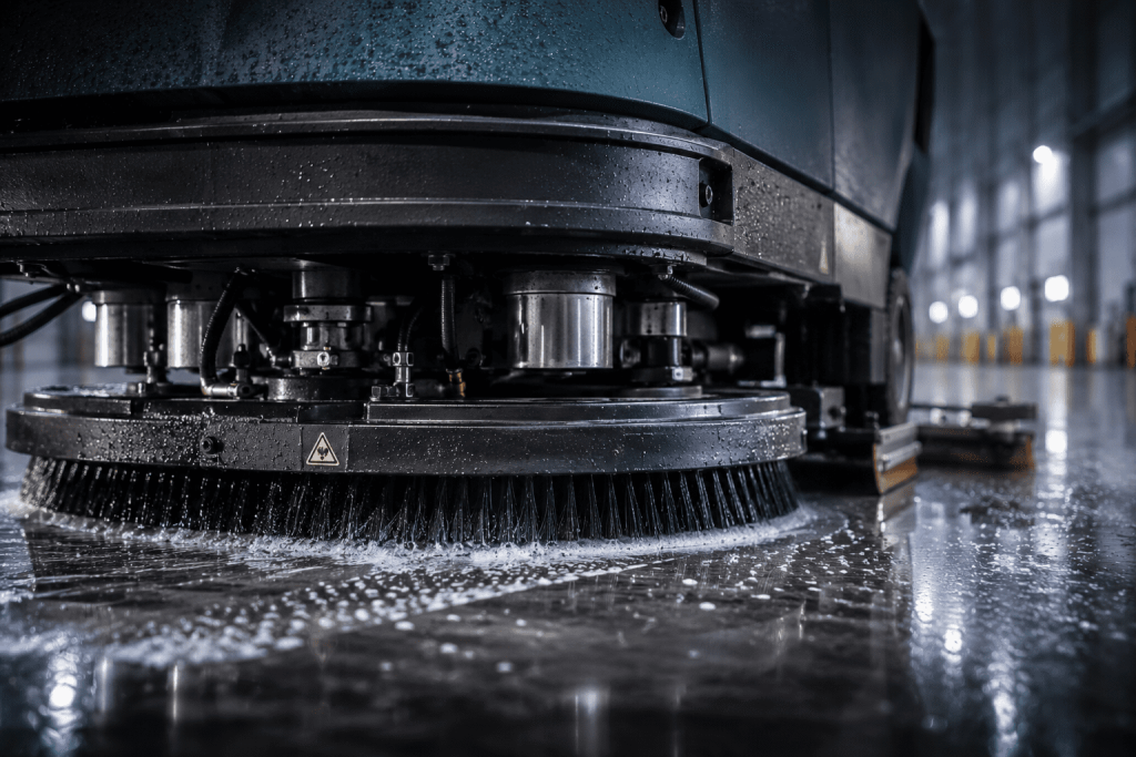 Détail d'une brosse d'autolaveuse professionnelle utilisée pour le nettoyage industriel.