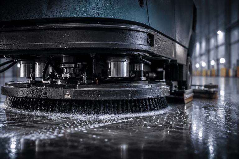 Détail d'une brosse d'autolaveuse professionnelle utilisée pour le nettoyage industriel.