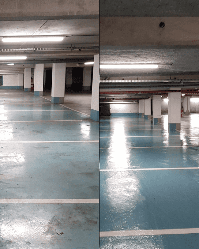 Avant/après d'une intervention de nettoyage de parking montrant l'amélioration de l'état des sols.